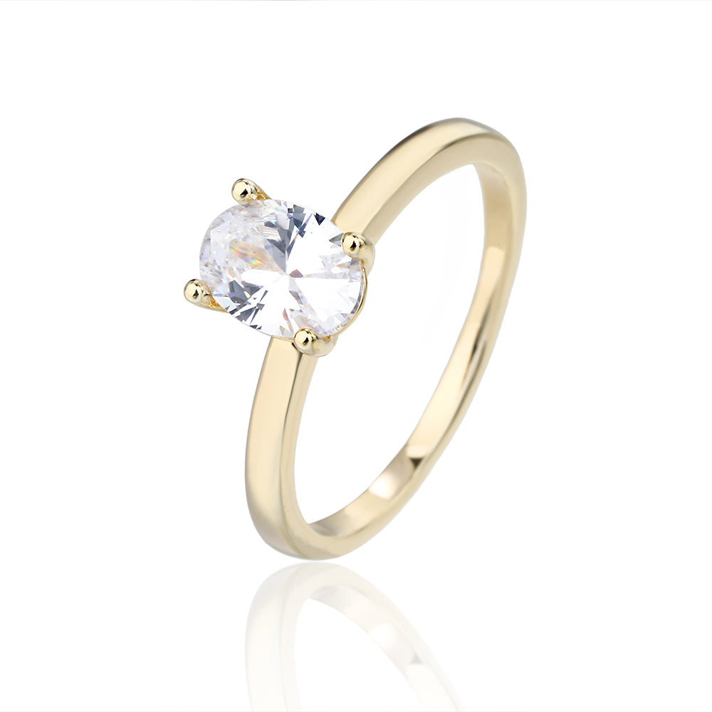 טבעת בציפוי זהב משובצת זירקון - דגם סוליטייר אובל