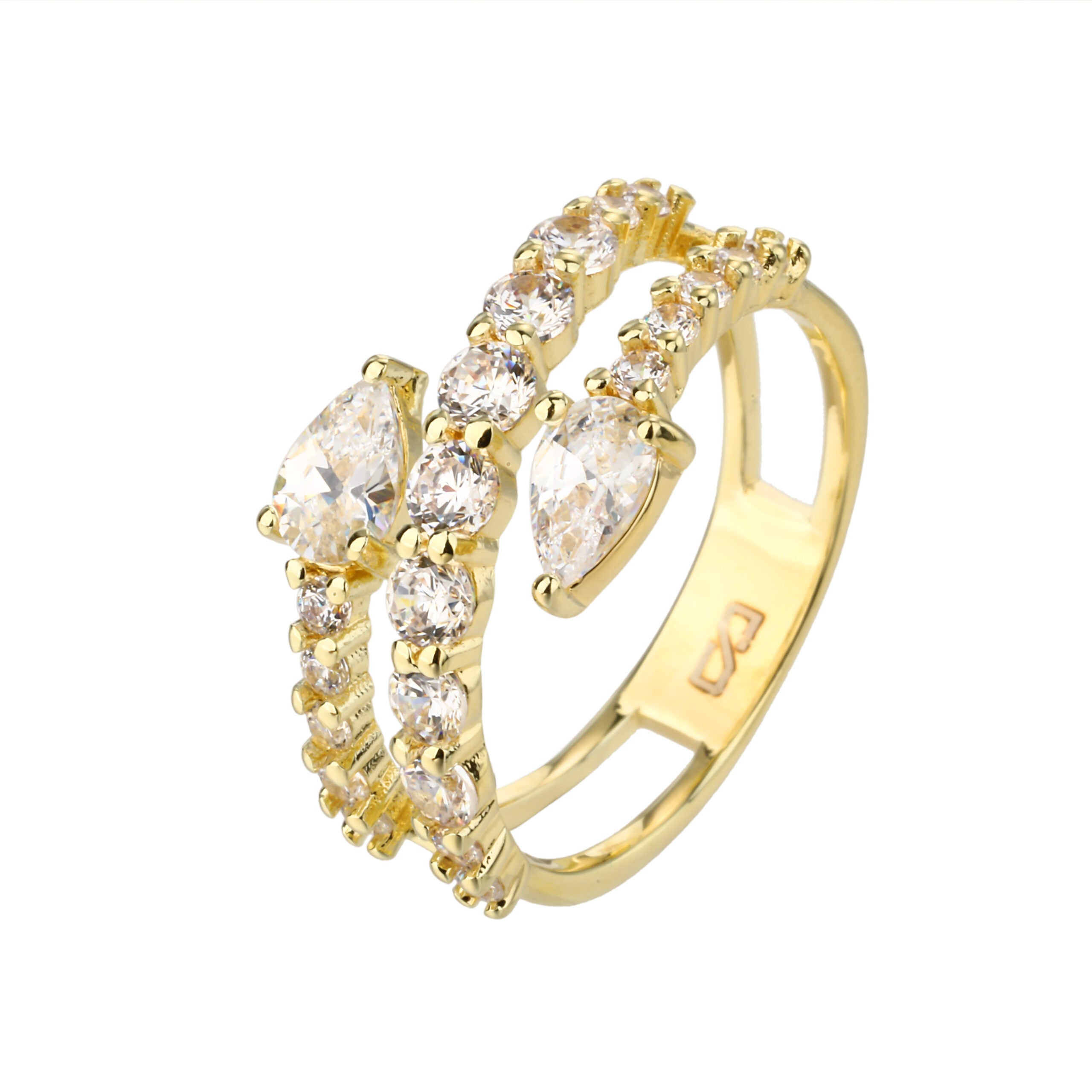 טבעת בציפוי זהב משובצת זירקונים - דגם פאר